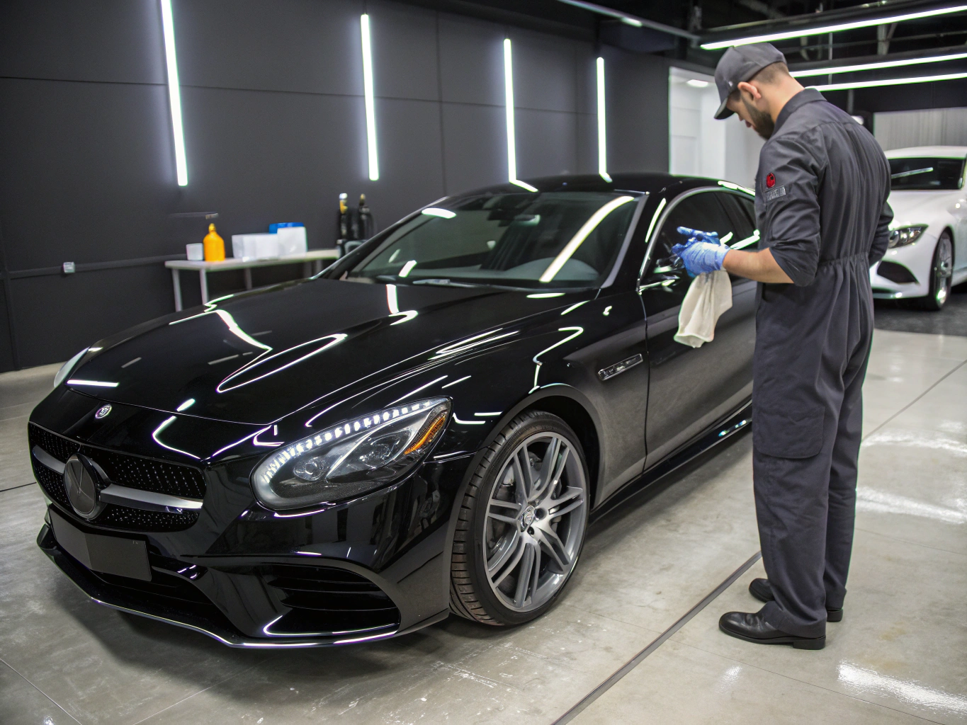 Master detailer inspecting paint finish under studio lights