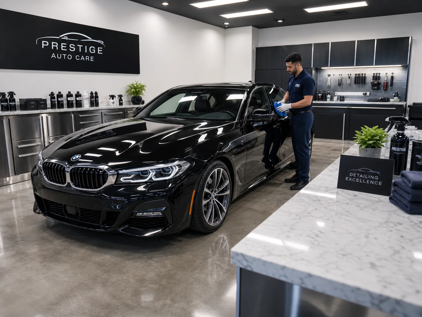 Climate-controlled detailing studio with high-gloss lighting